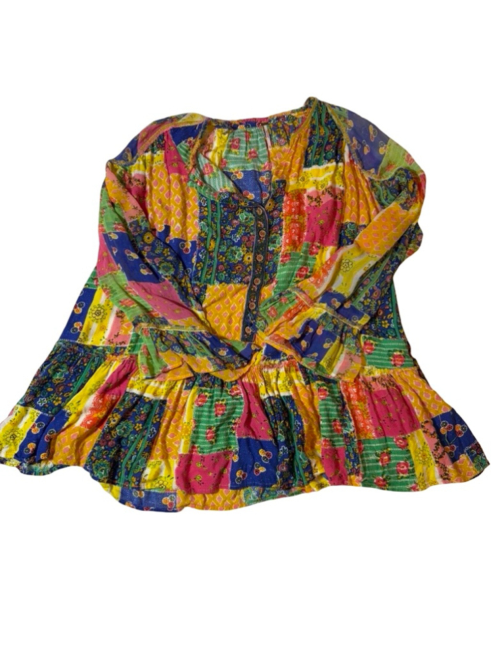 Free People Patchwork Tunic Dress Boho Peasant Mini Dress Colorful Festival XS